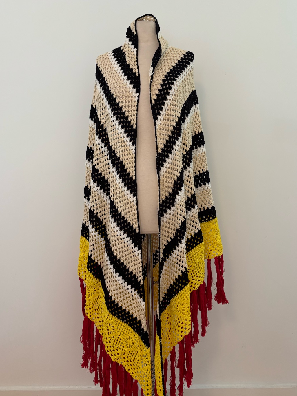 Striped Crochet Fringe Wrap Shawl In Black, Cream, Yellow & Red